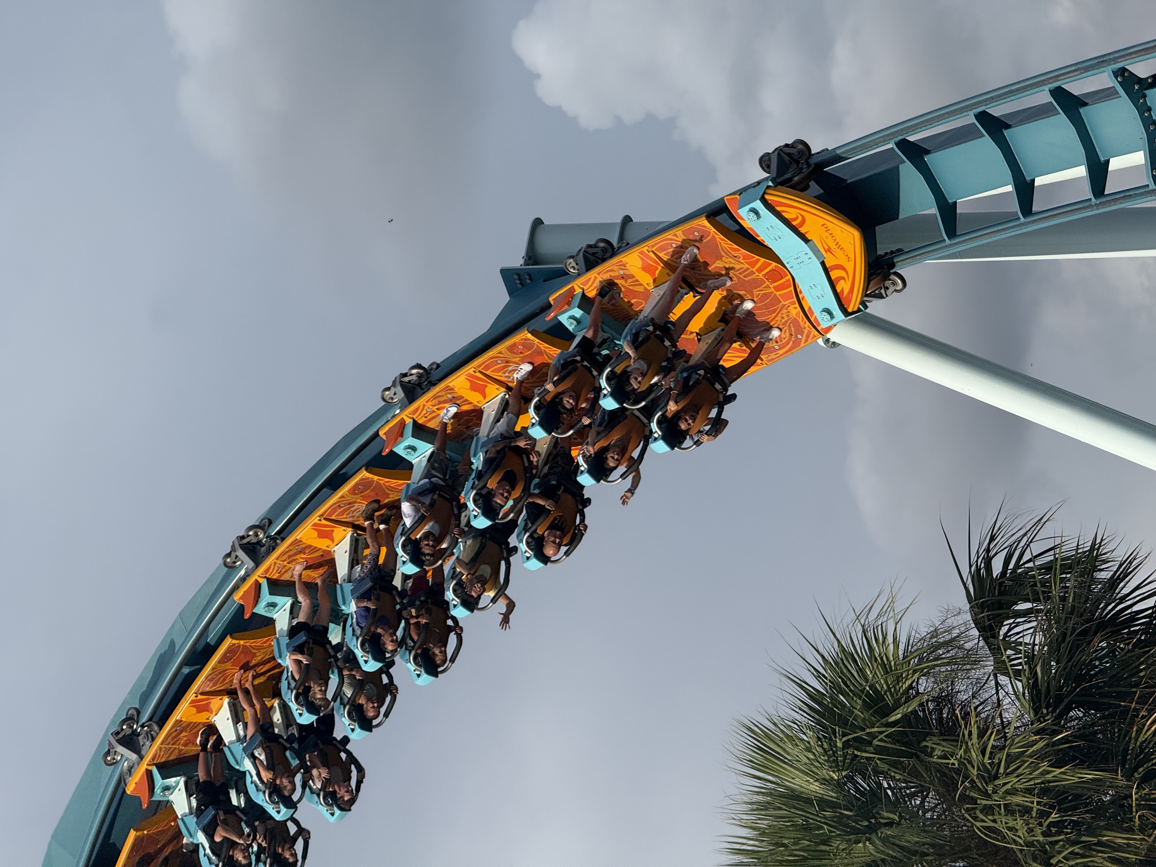 Roller coaster with riders against a blue sky — theme park attractions and visitor experience